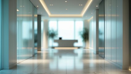 Fototapeta premium Interior view of a hotel or office lobby, featuring a blurred reception area backdrop, modern luxurious white room, and glass wall windows in the background.