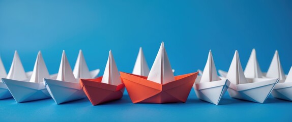 Fototapeta premium A collection of white paper boats with one distinctly colored individual. Business strategy concept.