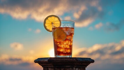Iced tea in a glass A refreshing summer drink is on display. The setting sun against a blue sky. the arrow keys Lemonade combined with iced tea