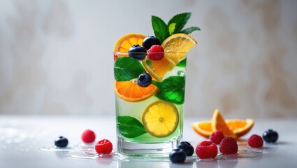 Detox enriched water in a glass. A mix of fruit, berries, and citrus creates a refreshing summer drink.