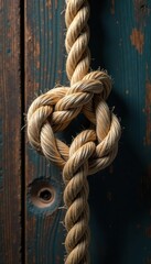 Obraz premium Tightly bound ship rope knot against rustic wood grain , sailing, sea