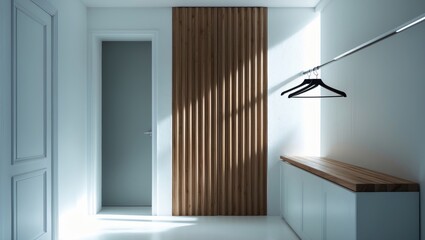 Fototapeta premium Interior design of a narrow bright room featuring white walls and a closed door, with a fluted wardrobe including a wooden plank and hangers positioned above the cabinet.