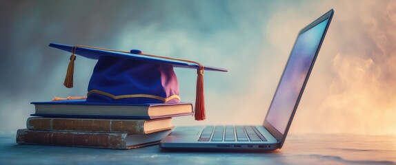 Graduate study abroad program to expand learner's world view, e-learning idea. Graduation cap, books on a laptop, illustrates student trying to study remotely or learn from home.
