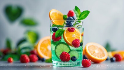 Detox enriched water in a glass. A refreshing summer beverage made by combining fruit, berries, and citrus.