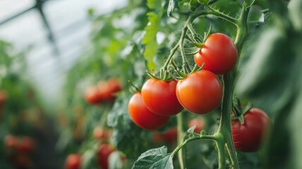 Lush organic tomatoes growing in a greenhouse with vibrant red and green ripening fruits on healthy vines, showcasing sustainable eco agriculture and natural farming practices for fresh and healthy pr
