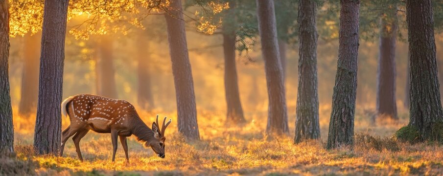 A deer grazes amongst the trees illuminated by the warm sunlight