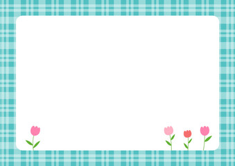 Tulip flowers decoration frame on blue checked pattern background.