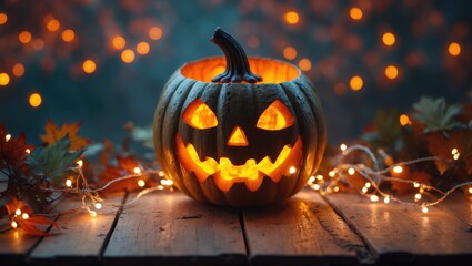 Fototapeta premium Halloween pumpkin head jack o'lantern with a glowing fire in the background, wooden table adorned with light bokeh garland. Lovely Fall Arrangement.
