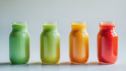Green, yellow, orange, and red smoothies in glass jars are placed against a white background.