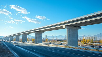 Obraz premium Modern elevated highway structure with clear blue sky and vehicles below