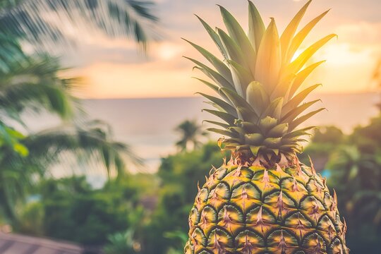 Ripe Pineapple at Sunset Tropical Beach Vacation Fruit Exotic Summer Scene