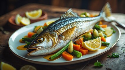 Grilled fish served alongside vegetables and lemon wedges.