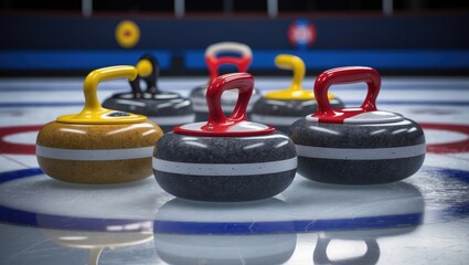 Group of four curling stones positioned in the rings against a dark background with ice reflection.