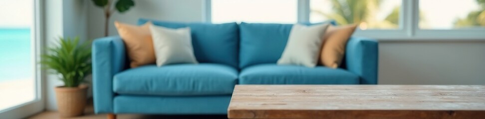 Blurred background, focus on blue sofa & wood table in coastal-style room, background, soft focus, natural light