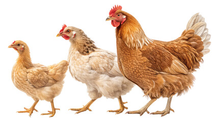 Fototapeta premium Charming collection of hens and chickens captured in natural stances ideal for countryside artwork poultry farming graphics and rustic decor on transparent background PNG