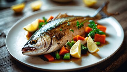 Grilled fish accompanied by vegetables and lemon wedges.