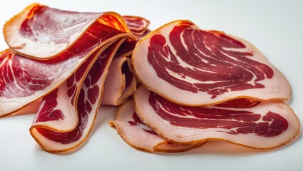 Ham appetizer sliced on a white background.