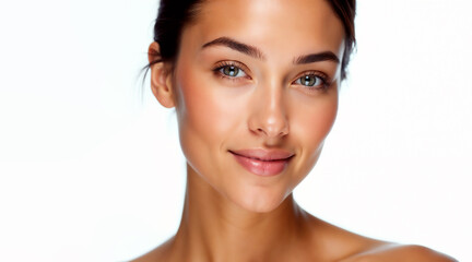 Fototapeta premium A Radiant Young Woman With Sun-kissed Skin And Captivating Eyes, Exuding Natural Beauty And Confidence Against A Soft White Backdrop
