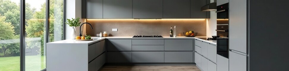 Sleek gray kitchen cabinets, stainless steel appliances, contemporary, texture, home