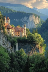 Fototapeta premium Castle on cliff in forest. Waterfall below structure. Mountains in background. Green trees surround building. Scenic view of nature. Calm landscape.