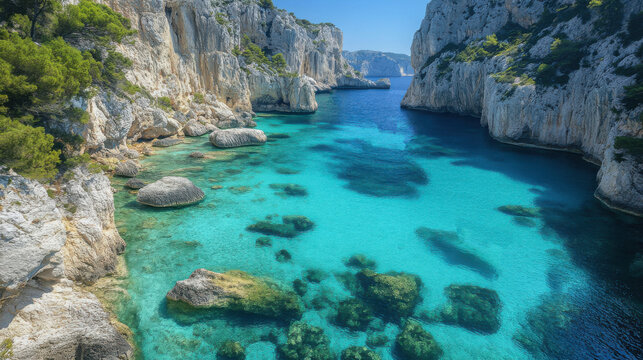 Clear blue sea. Rocky cliffs along the coast. Turquoise water landscape. Stones and rocks under sea. Idyllic summer destination.