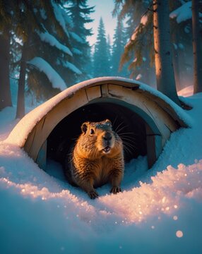 Groundhog Appearing from a Snow-Covered Burrow