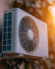 A modern air conditioning unit mounted on a wall with greenery in the background.