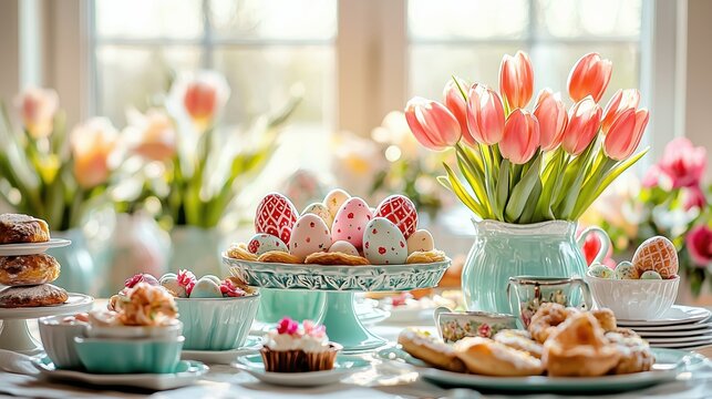 A beautifully arranged table with Easter decorations, colorful eggs, and fresh tulips.