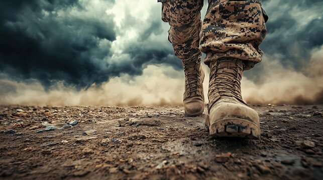 A soldier in camouflage pants walking on a dusty terrain under a dramatic sky.