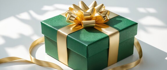 Green gift box wrapped with a gold bow and ribbon, isolated against a white background.
