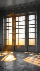 Obraz premium Gray backdrop for product showcase with shadow and light filtering through windows.