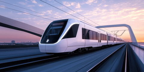 Naklejka premium A modern electric train rides on rails over a bridge. Development in urban infrastructure.