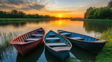 Obraz premium Boats on lake. Sunset sky light. Water reflections. Landscape nature. Calm scene. Colorful outdoor. Trees and grass.