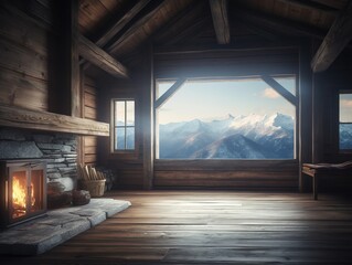 Cozy cabin interior with fireplace and mountain view through a large window