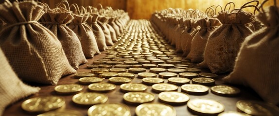 Government income tax collection concept featuring tax burlap bags arranged alongside increasing coins, illustrates the imposition of taxes intended to generate revenue for governance or to modify ...