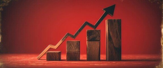 Graph showing a downward trend. Business crisis theme. Downward arrow on three wooden blocks in a chart format against a red background with space for text, minimalistic design.