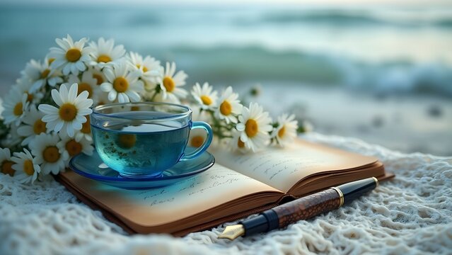 Blue glass teacup with notepad and fountain pen and bouquet of daisies on seashore