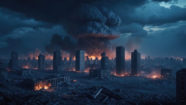 Fototapeta Imagine a nuclear conflict. The aftermath of a nuclear bomb explosion. Apocalyptic depiction of a bombing. Nighttime is the period of the day. A city devastated by war.