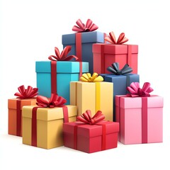 Obraz premium Pile of colorful wrapped gift boxes with ribbons, isolated on white background, vector style, festive and vibrant