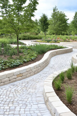 Obraz premium Green infrastructure project, permeable pavement, rain gardens, landscaped areas, urban recreation area. Development in urban infrastructure.