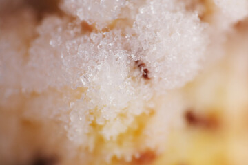 Macro shot of crystal ice form on top of ice cream layer after been kept in the freezer more than three month