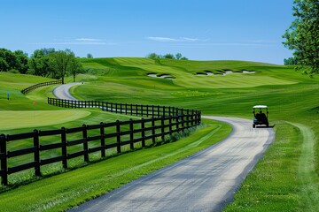 Obraz premium Scenic golf course with green fairways sand traps and a meandering cart path
