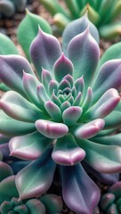 Green and purple succulent flower, cactus, close-up macro view edited in cool color tones as a floral botanical geometric pattern backdrop background.