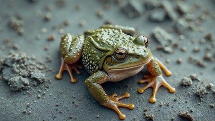 Obraz premium Horizontal image of a small green toad viewed from above. This amphibian species frequently resides close to humans. Nocturnal creature. Provides biological control against snails and insects.