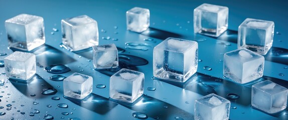 Ice cubes with water on a blue backdrop. Ice concept for beverages. Banner. Flat lay, top perspective.