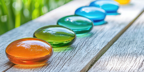 Multicolored washing gel capsules for washing machine. Liquid washing powder in water-soluble transparent capsules.