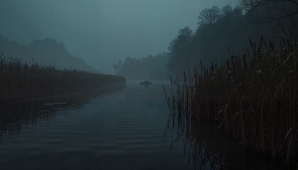 Misty lake with distant boat and reeds in twilight