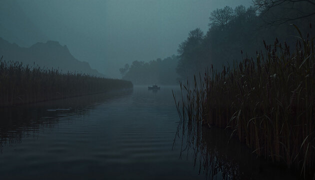 Misty lake with distant boat and reeds in twilight