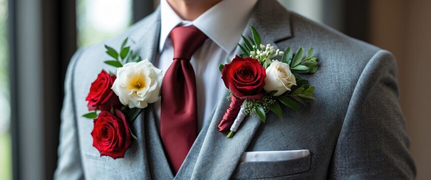 Groom in a suit with a boutonniere attached to his lapel, eagerly anticipating his marriage celebration with the woman he loves. A blend of masculinity and a feminine floral element.