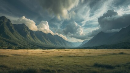 grassland bordered by towering, verdant mountains beneath a cloudy sky.